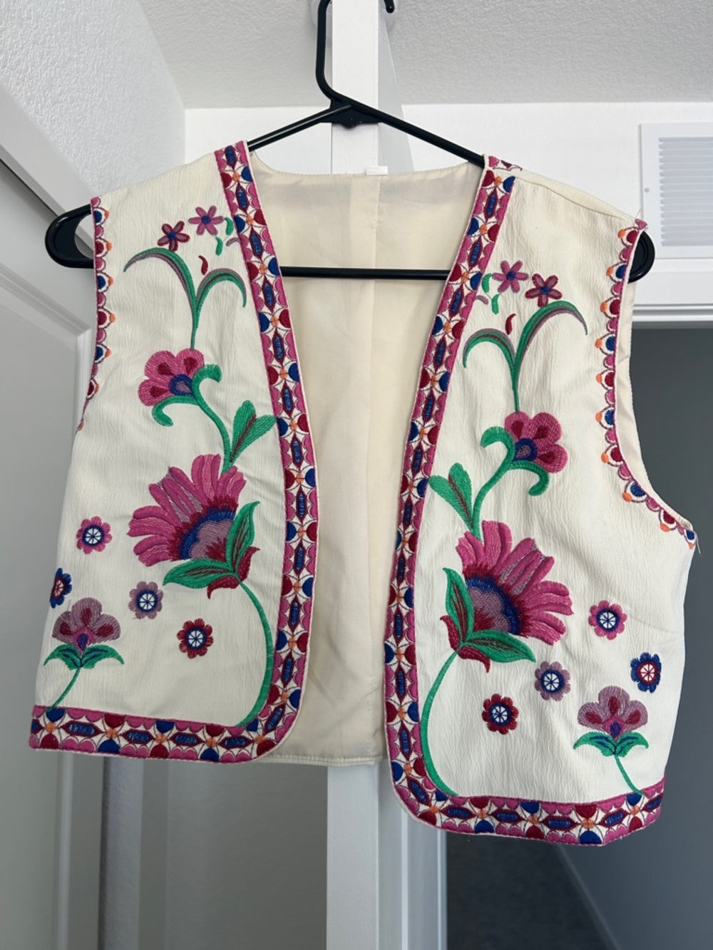 Embroidered Cream Floral Vest with Pink & Green Accents